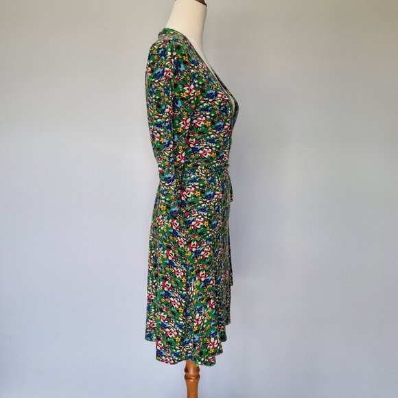 Review Multicolour Floral Jersey 3/4 Sleeve Wrap Dress Size 12 - Picture 4 of 7